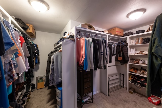 spacious closet featuring light colored carpet