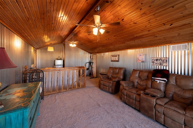 carpeted living room with wood ceiling, vaulted ceiling, ceiling fan, and wood walls