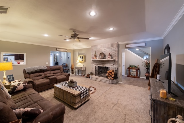 carpeted living room featuring a fireplace, ornamental molding, and ceiling fan