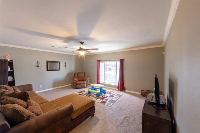 living room featuring light carpet, ceiling fan, and ornamental molding