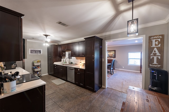 kitchen with dishwasher, dark brown cabinetry, decorative light fixtures, ornamental molding, and ceiling fan