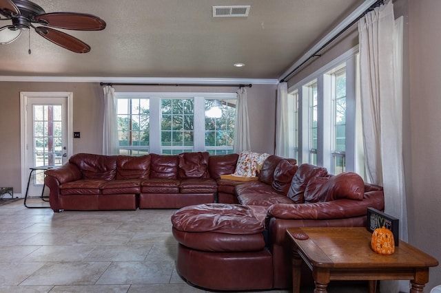 5903 Crowley Rd, Edgecliff Village, TX 76134 - living room featuring crown molding and a ceiling fan