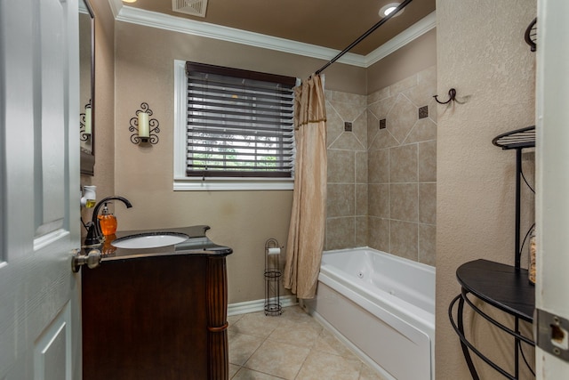 bathroom with vanity, shower / bath combo with shower curtain, crown molding, and tile patterned floors