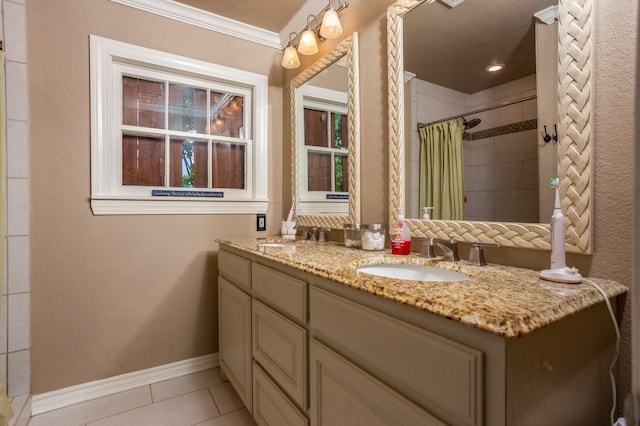 5903 Crowley Rd, Edgecliff Village, TX 76134 - bathroom featuring tile patterned floors, double vanity, tiled shower, ornamental molding, and baseboards