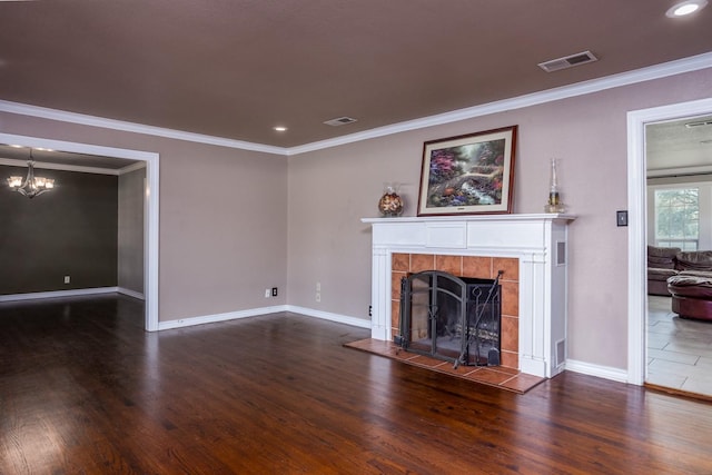 5903 Crowley Rd, Edgecliff Village, TX 76134 - unfurnished living room featuring a tile fireplace, wood finished floors, baseboards, crown molding, and a chandelier