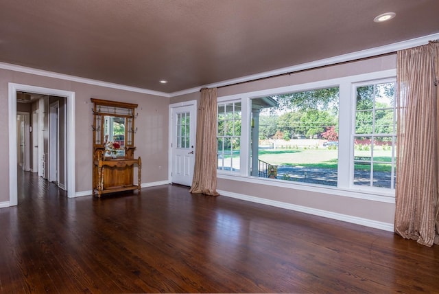 5903 Crowley Rd, Edgecliff Village, TX 76134 - unfurnished living room featuring baseboards, ornamental molding, dark wood-style flooring, and recessed lighting