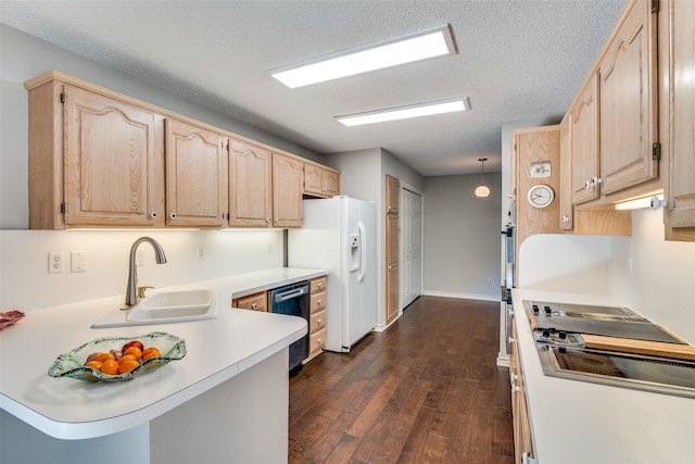 kitchen featuring white refrigerator with ice dispenser, kitchen peninsula, dishwasher, dark hardwood / wood-style flooring, and sink