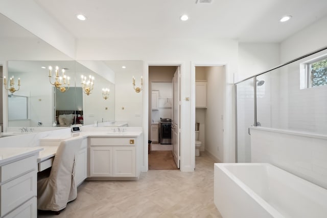 full bathroom featuring vanity, toilet, and plus walk in shower