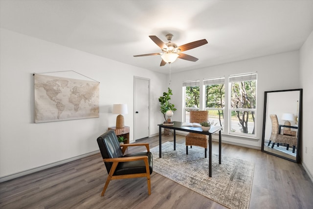 home office featuring ceiling fan and hardwood / wood-style floors