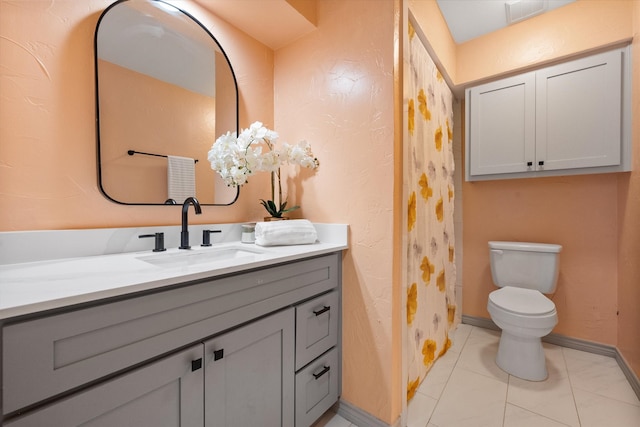 bathroom featuring vanity, tile patterned flooring, toilet, and a shower with shower curtain