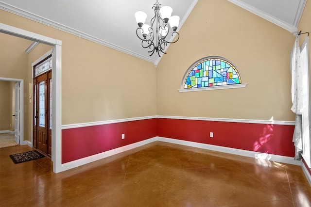 spare room with crown molding, high vaulted ceiling, and a notable chandelier