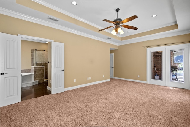 interior space with ornamental molding, carpet, and ceiling fan