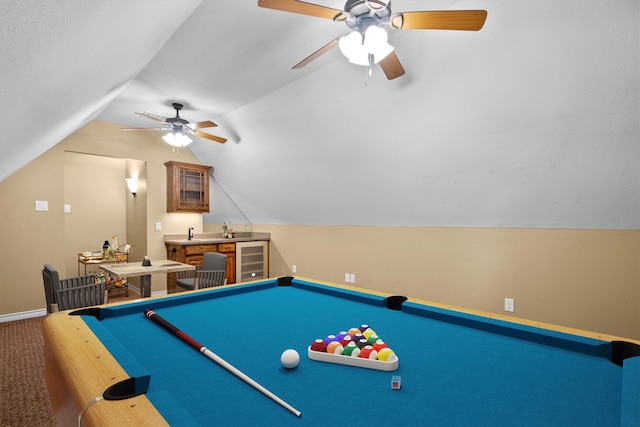 playroom with carpet, vaulted ceiling, ceiling fan, and billiards