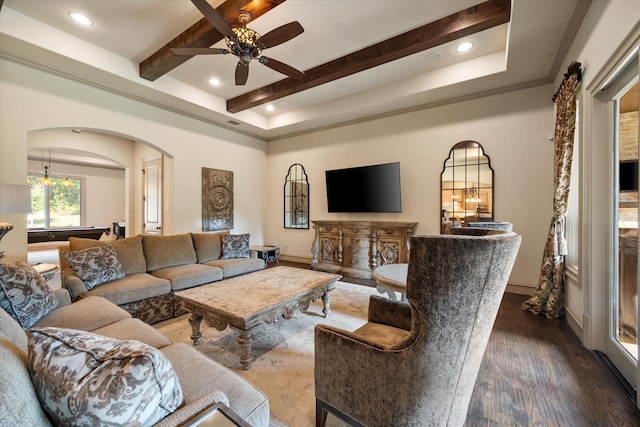 living room with ceiling fan, beamed ceiling, billiards, and dark hardwood / wood-style flooring