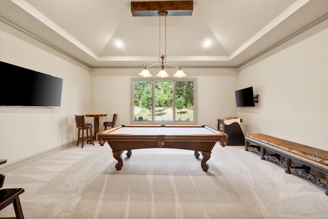 playroom featuring pool table, carpet, lofted ceiling, and a raised ceiling