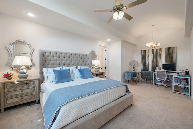 carpeted bedroom with ceiling fan with notable chandelier and lofted ceiling