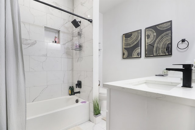 full bathroom featuring shower / bathtub combination with curtain, vanity, and toilet