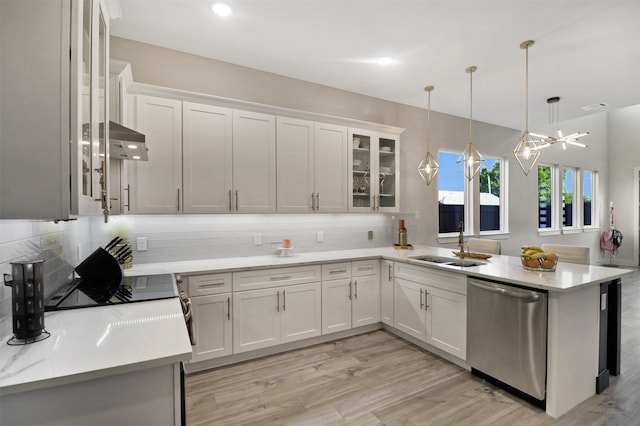 kitchen with stainless steel dishwasher, sink, pendant lighting, and white cabinets