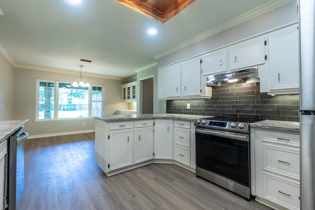 kitchen with white cabinetry, crown molding, appliances with stainless steel finishes, kitchen peninsula, and backsplash