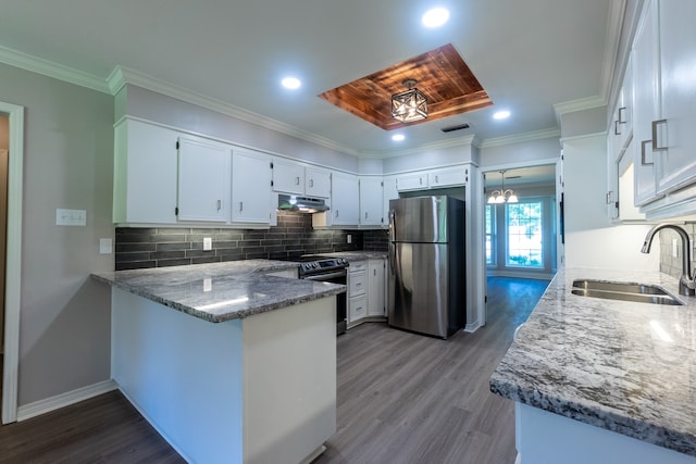 kitchen with sink, white cabinetry, stone countertops, appliances with stainless steel finishes, and kitchen peninsula