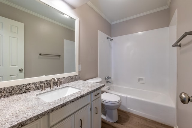 full bathroom featuring crown molding, shower / tub combination, hardwood / wood-style flooring, vanity, and toilet