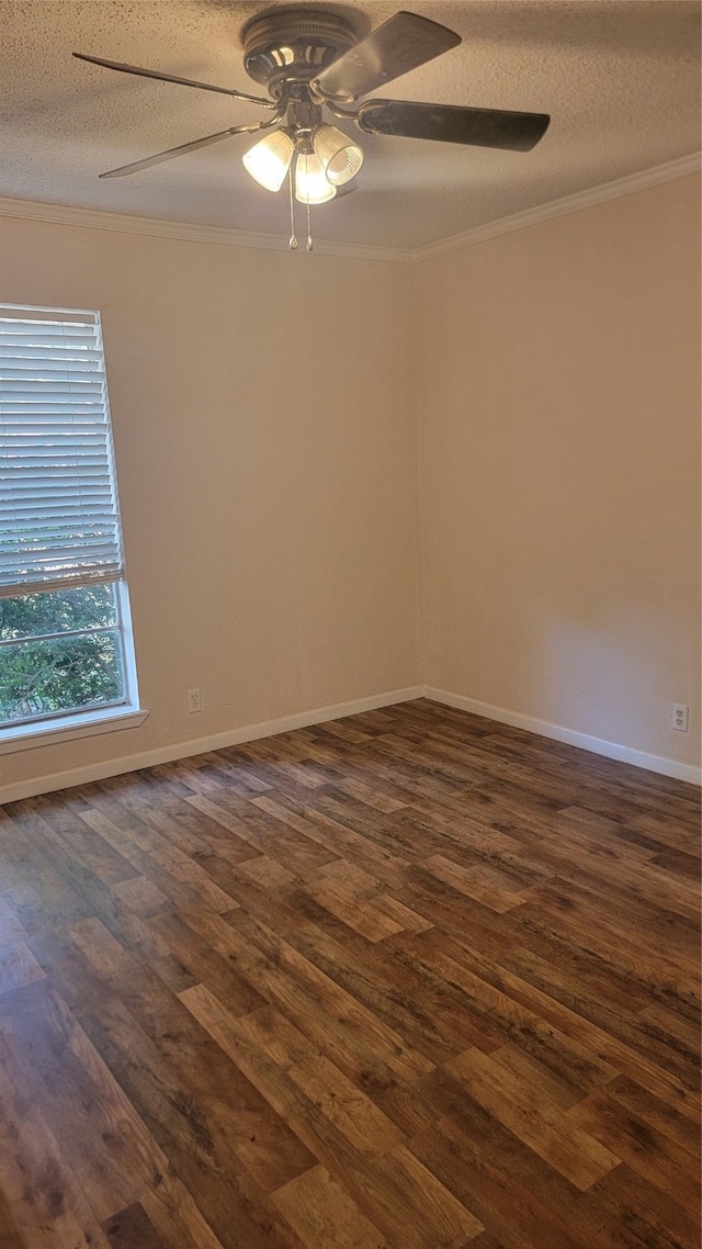 unfurnished room with a textured ceiling, ceiling fan, and dark wood-type flooring