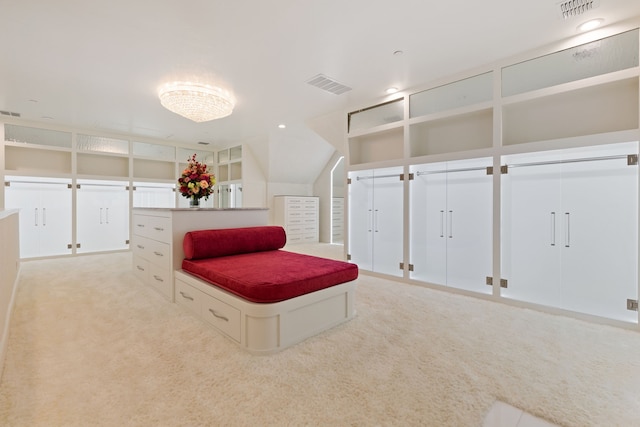 unfurnished bedroom with multiple closets and light carpet