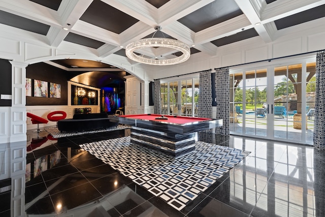 recreation room featuring french doors, decorative columns, coffered ceiling, billiards, and crown molding