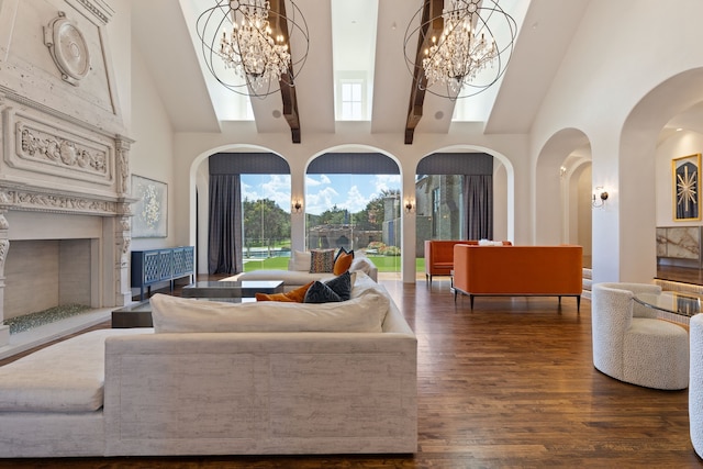 living room featuring high vaulted ceiling and dark hardwood / wood-style flooring