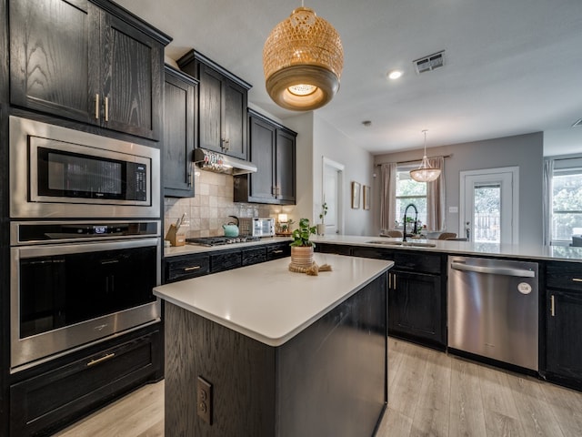 kitchen featuring light wood-type flooring, a center island, sink, stainless steel appliances, and decorative light fixtures