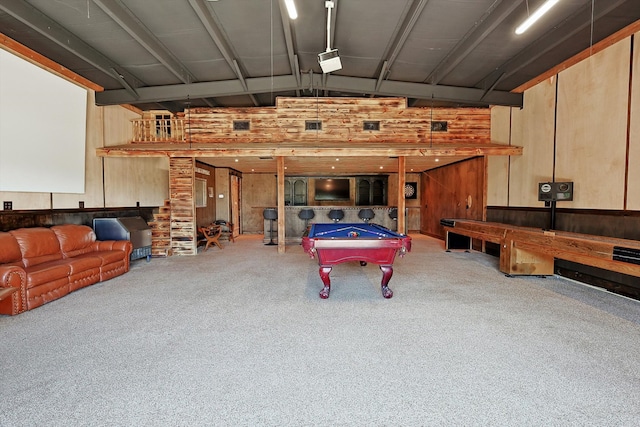 playroom featuring wood walls, carpet flooring, and billiards