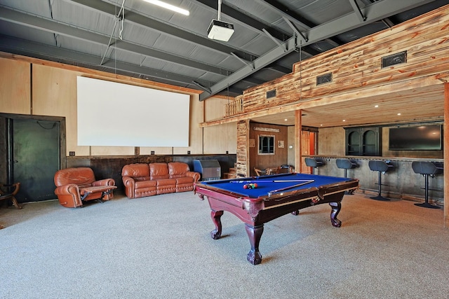 rec room featuring pool table, wooden walls, and carpet floors