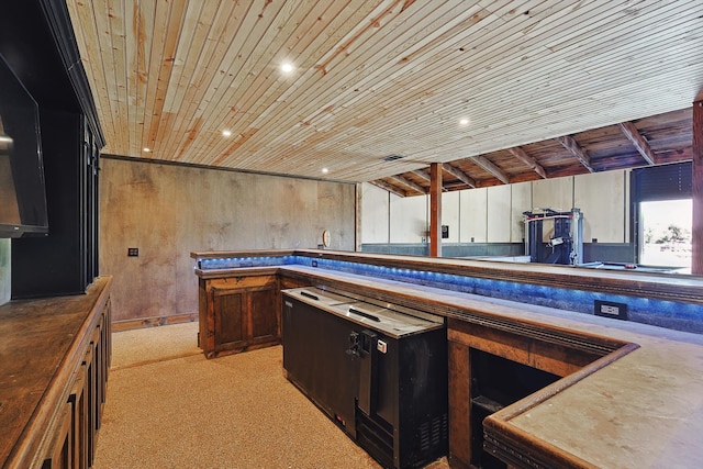 interior space featuring wood ceiling and light carpet