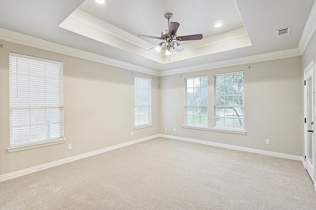 130 Antler Ridge Ct, Azle, TX 76020 - spare room featuring a raised ceiling, ornamental molding, light carpet, a ceiling fan, and baseboards