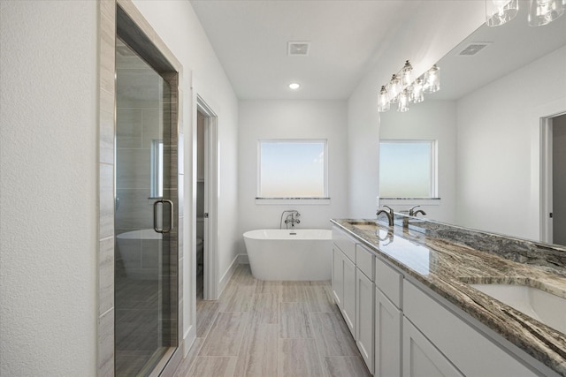 bathroom featuring vanity and independent shower and bath