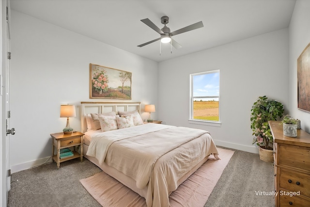 carpeted bedroom featuring ceiling fan