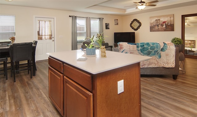 kitchen featuring a raised ceiling, a kitchen island, ceiling fan, and dark wood-type flooring