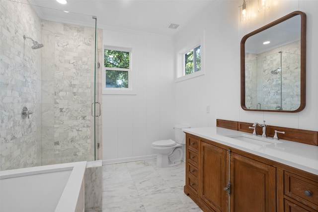 bathroom with ornamental molding, vanity, an enclosed shower, and toilet