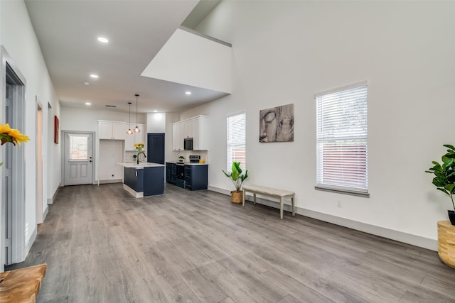 living room with a wealth of natural light, light hardwood / wood-style floors, and sink