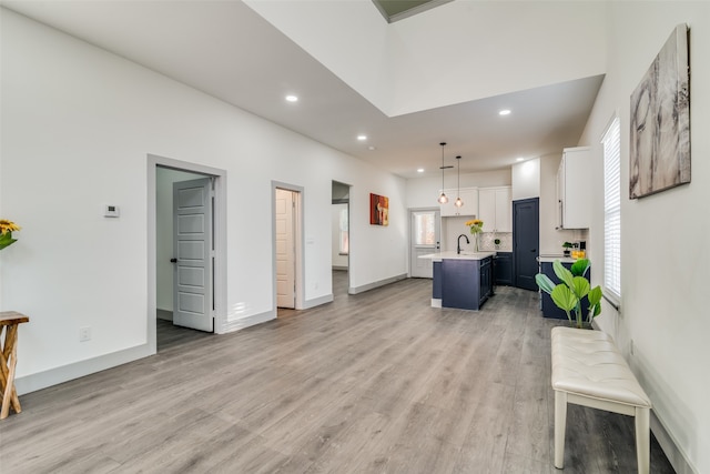 living room with light wood-type flooring and sink