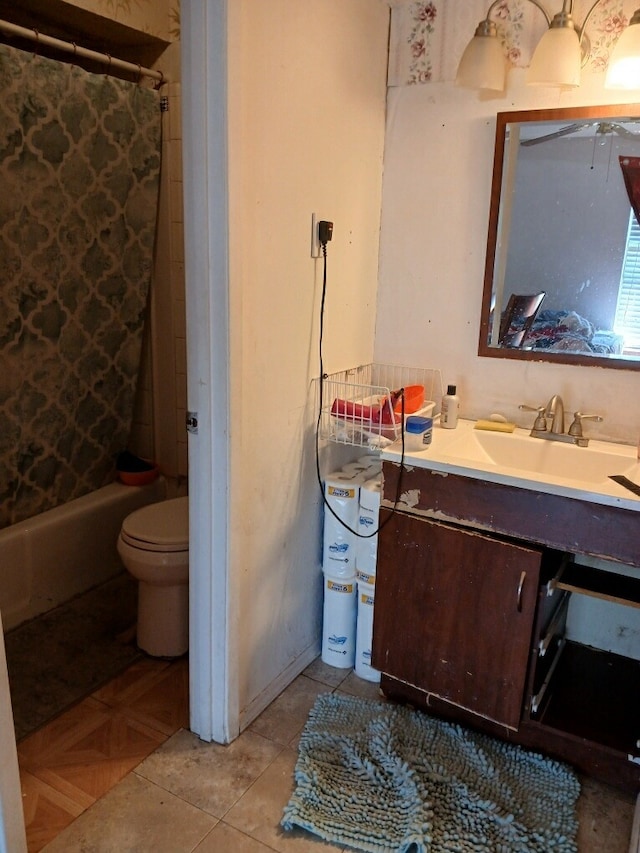 full bathroom featuring vanity, toilet, and shower / bathtub combination with curtain