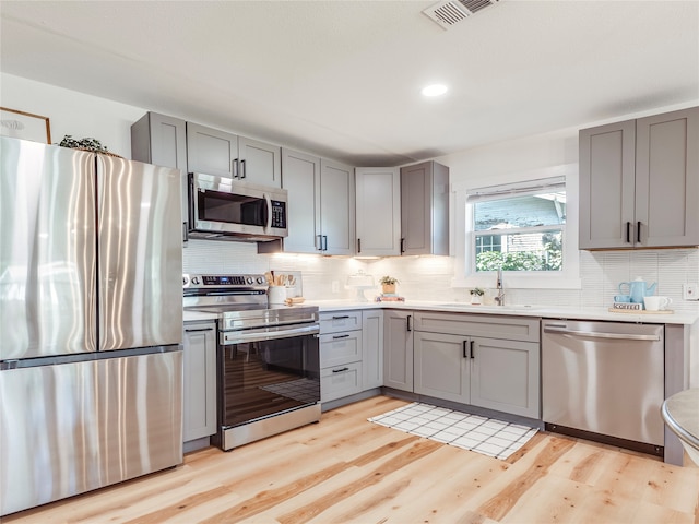 kitchen featuring sink, tasteful backsplash, gray cabinets, stainless steel appliances, and light hardwood / wood-style floors