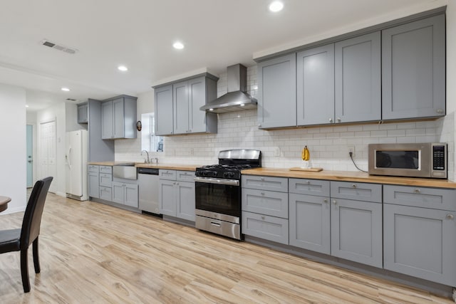 kitchen featuring stainless steel appliances, light hardwood / wood-style floors, wall chimney exhaust hood, wood counters, and gray cabinetry