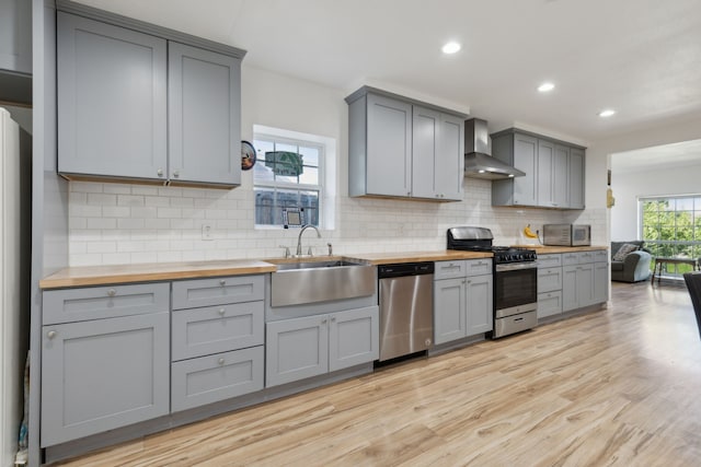 kitchen featuring wooden counters, stainless steel appliances, decorative backsplash, sink, and wall chimney range hood