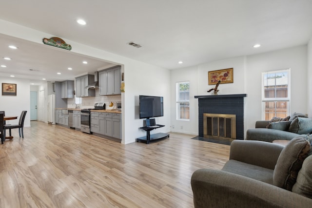 living room with light wood-type flooring, sink, and a fireplace