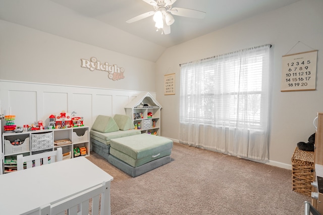 game room with carpet, lofted ceiling, and ceiling fan