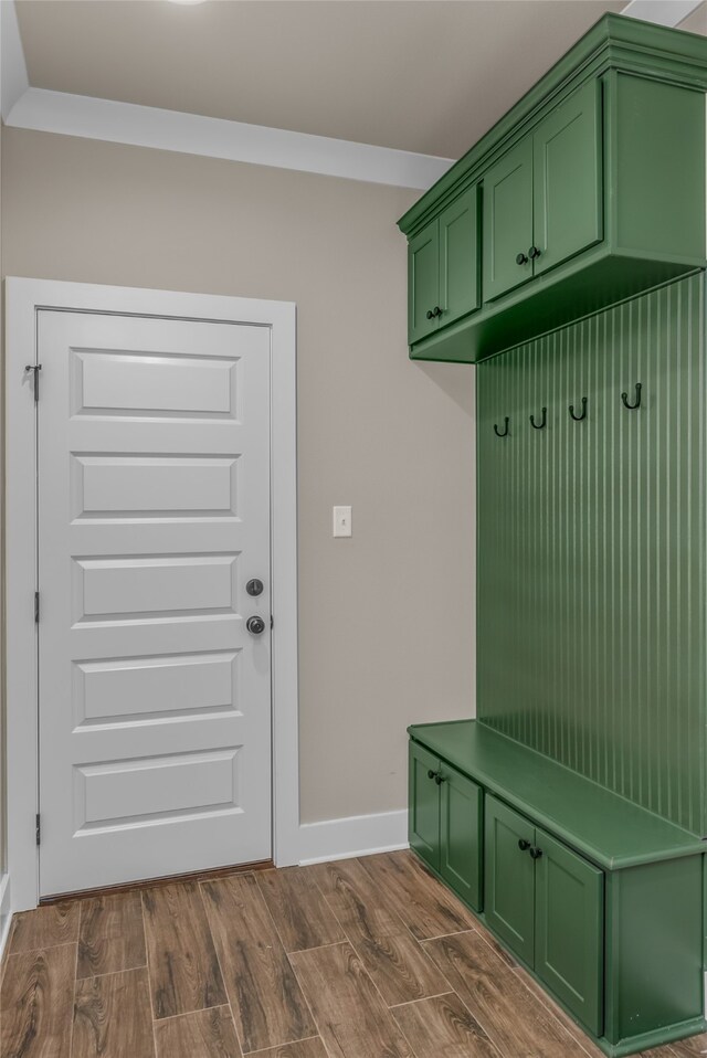 mudroom featuring dark wood-type flooring