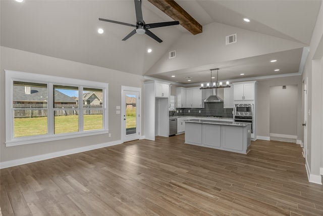 kitchen featuring appliances with stainless steel finishes, a center island, pendant lighting, and white cabinets