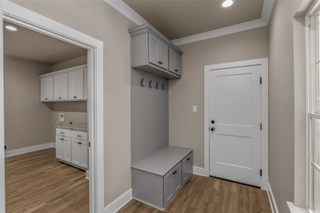 mudroom featuring crown molding and light hardwood / wood-style flooring