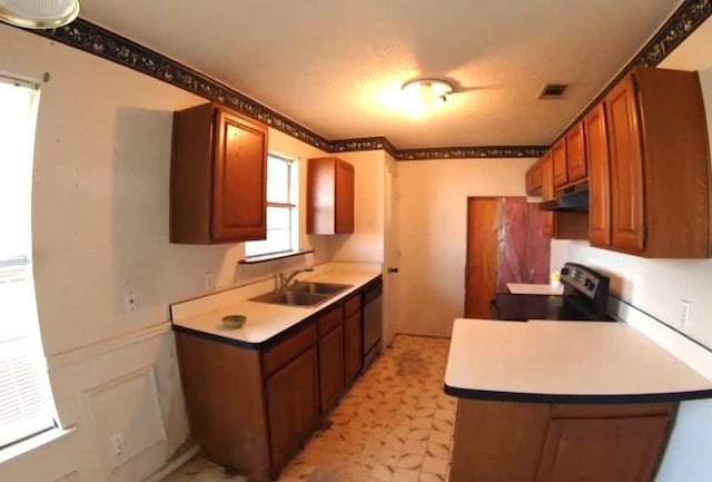 kitchen with black appliances, kitchen peninsula, and sink